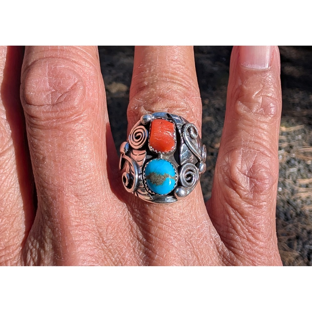 Navajo Men's Ring Sterling Silver Turquoise Coral Signed Lorena Brown sz 9.5 ***